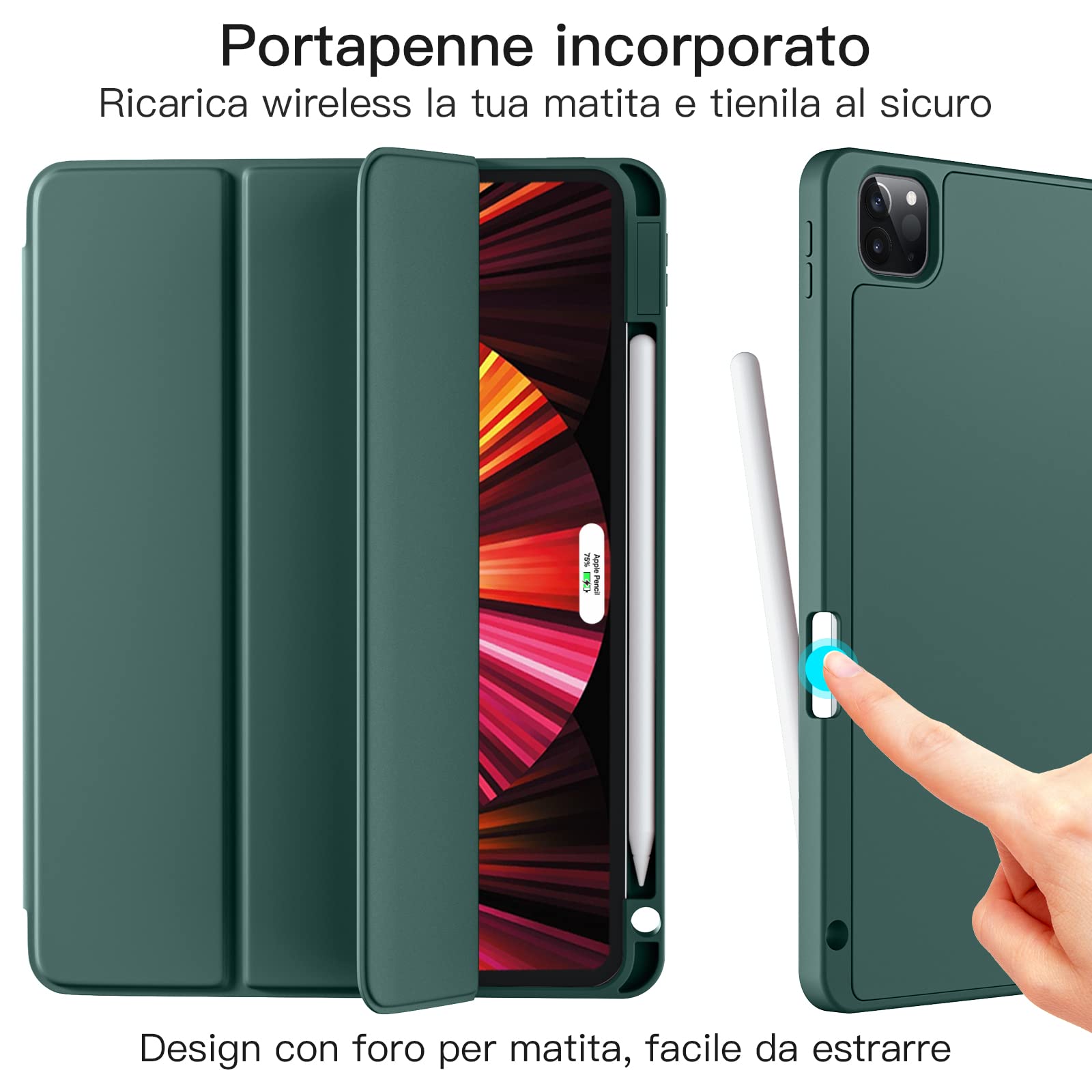 Vobafe Custodia Compatibile con Cover iPad PRO 11 2022/2021/2020/2018, a Tre Ante con portapenne per iPad PRO 11 Pollici, Supporto 2. Gen Pencil, Attivazione/Disattivazione Automatica, Verde Pino