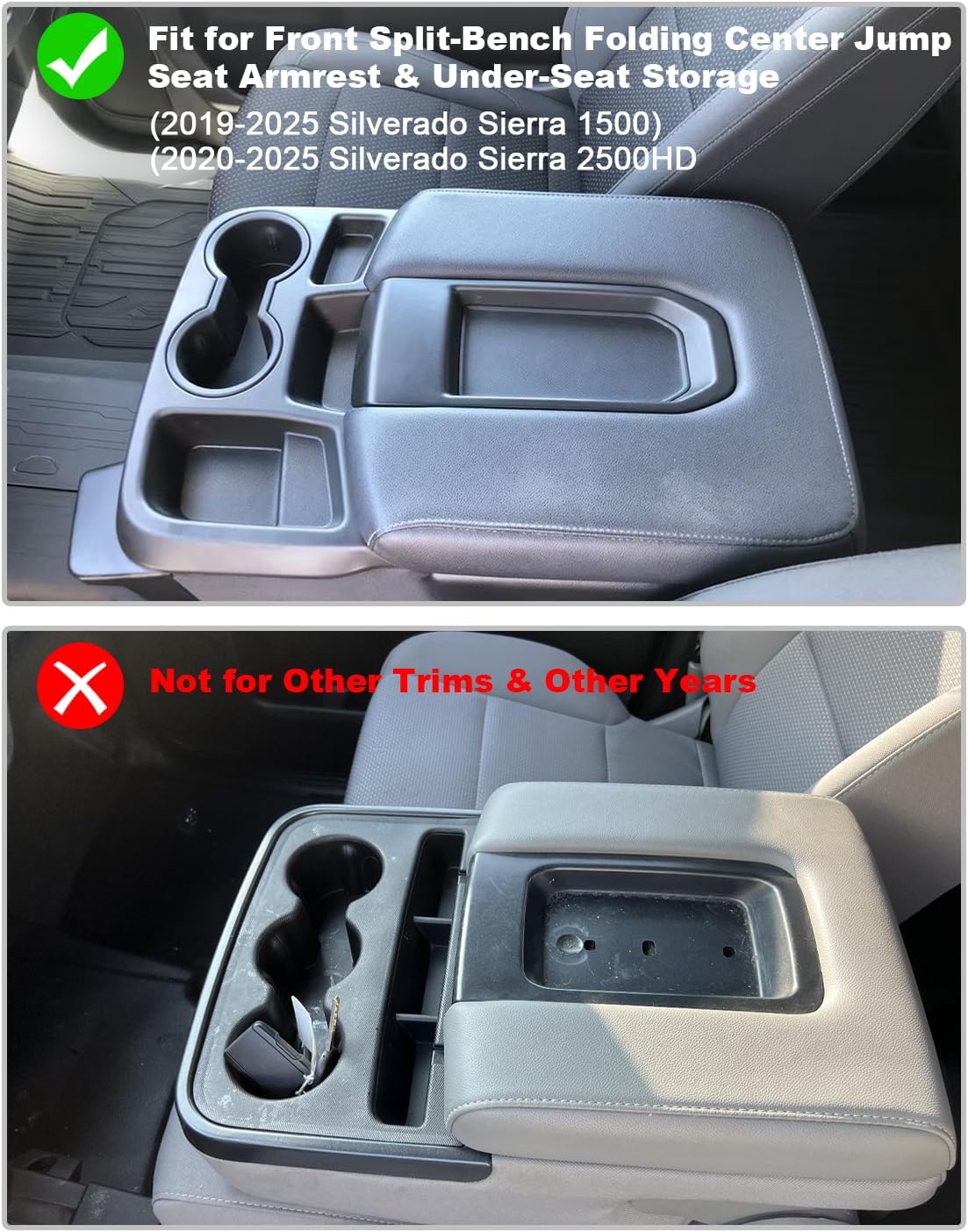 CDEFG 2PCS for Chevy Silverado Sierra Center Console Organizer for 2019-2025 2026 Chevrolet Silverado/GMC Sierra 1500/2020-2026 Silverado Sierra 2500HD 3500HD Accessory(Split-Bench Folding Seat Only)