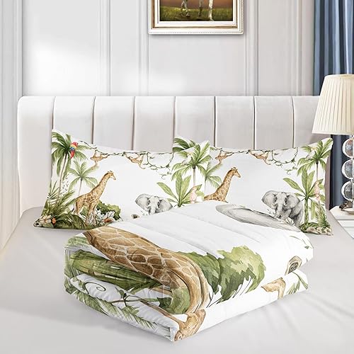 Miniatura 3 de QOOMO Edredón de monos jirafa elefante, tamaño Queen, juego de ropa de cama para niños de animales salvajes, juego de ropa de cama de 3 piezas con 2