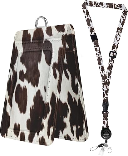 Bolimoss Cowhide Print Lanyards for ID Badges, ID Card Holder with Double Sided Windows, Adjustable Neck Lanyards with Quick Release Buckles, Leather Name Tag Holder with Retractable Reel for Teacher