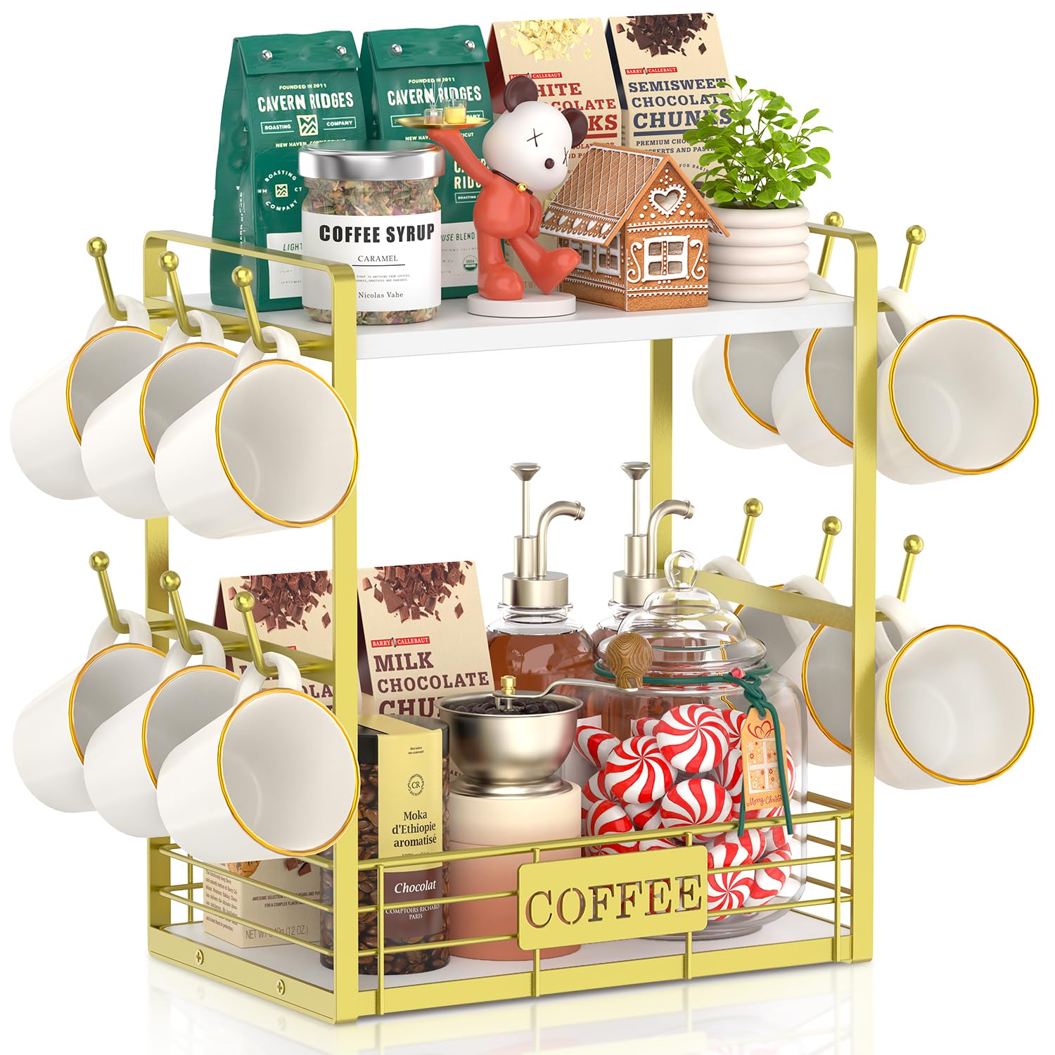 EsLuker.ly 2 Tier Coffee Bar Organizer Countertop Station Rack for Kitchen Multi-Functional Coffee Mug Holder Display Stand