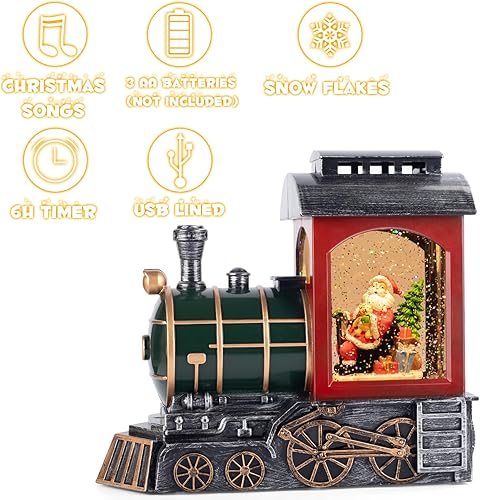 Miniatura 6 de Linterna de globo de nieve de tren rojo de Papá Noel, brillante, globo de nieve musical, decoraciones de Navidad, temporizador de 6 horas, funciona
