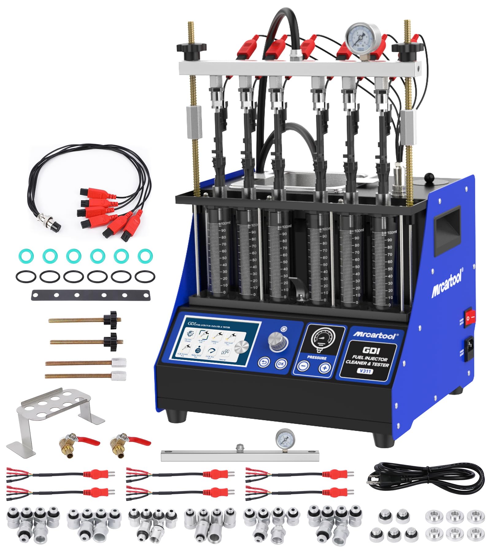 MR CARTOOL V311 Limpiador y Probador Ultrasónico de Inyectores con 6 Cilindros para Inyectores GDI EFI FSI - Equipo Profesional de Limpieza y Prueba de Inyectores de Combustible para Vehículos y Moto