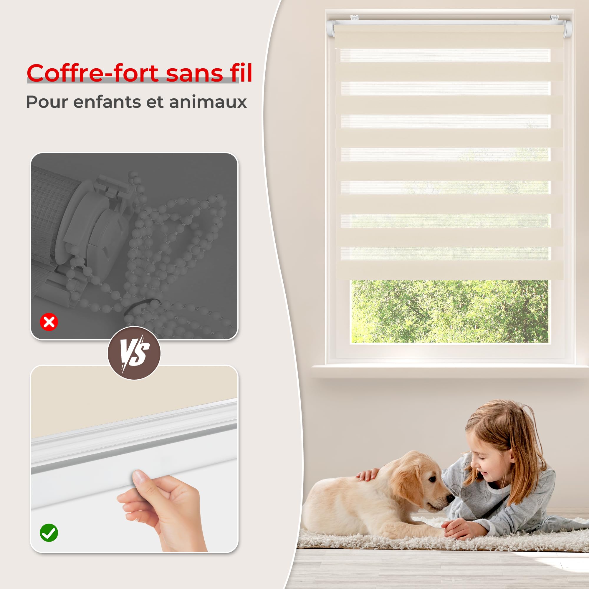 Allesin Store Enrouleur Jour Nuit sans Chaîne sans Perçage, Tirez-Arrêtez sans Rebond, Facile à Installer avec Clips pour Fenêtre ou Porte, 105l x 120L cm, Tissu 105 cm, Lin