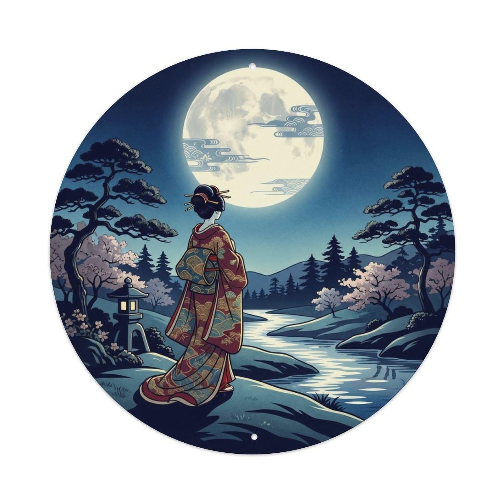 Galvaxio Style Japanese Midnight Full Moon Tranquil Solitude Metal Tin Sign