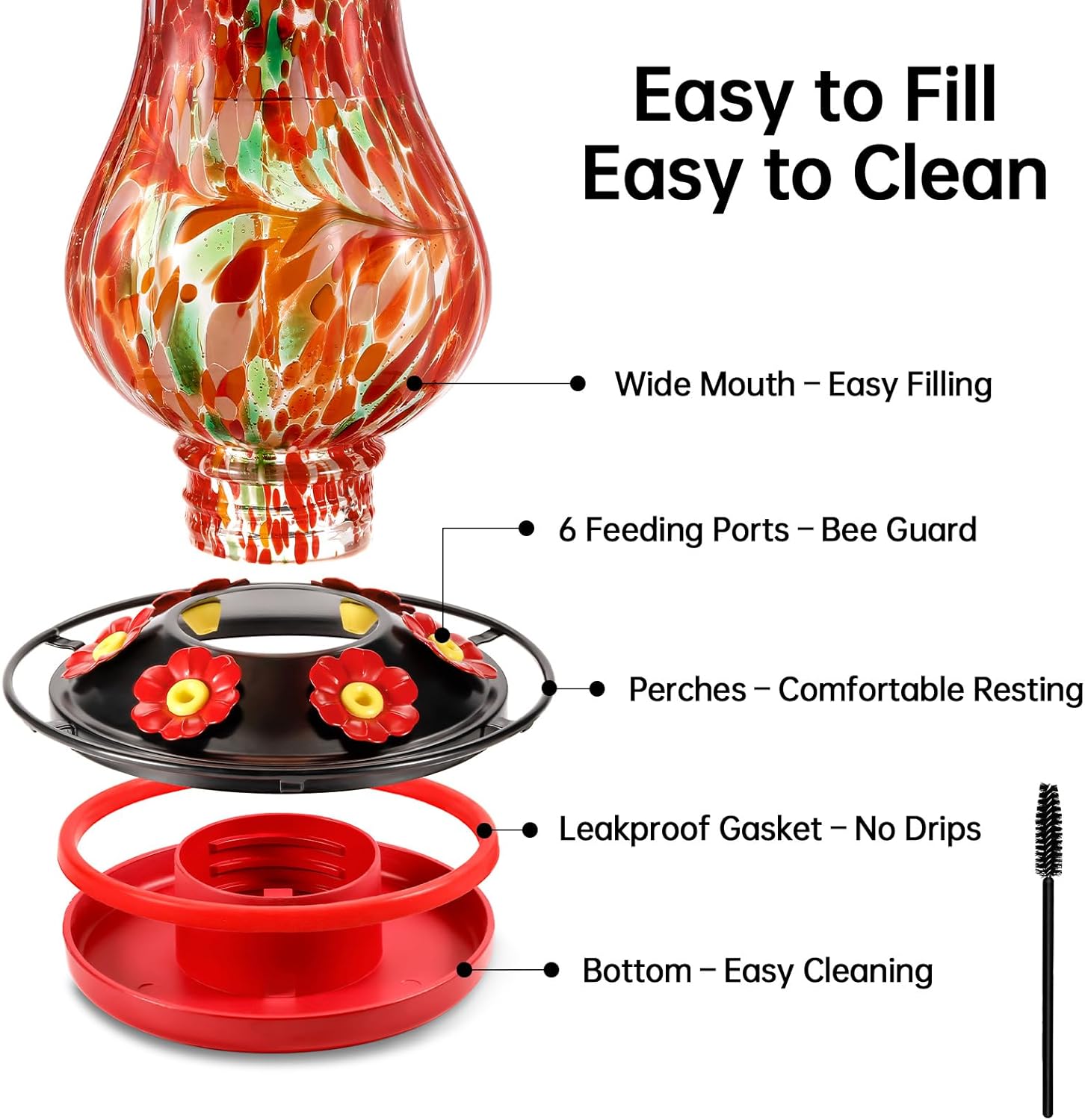 DesGully Solar Hummingbird Feeder for Outdoor - 25 fl.oz Hand Blown Glass Hummingbird Feeders for Outdoors Hanging, Large Capacity with Moat, 6 Colors Changing Light Outside Garden Decor (Red)