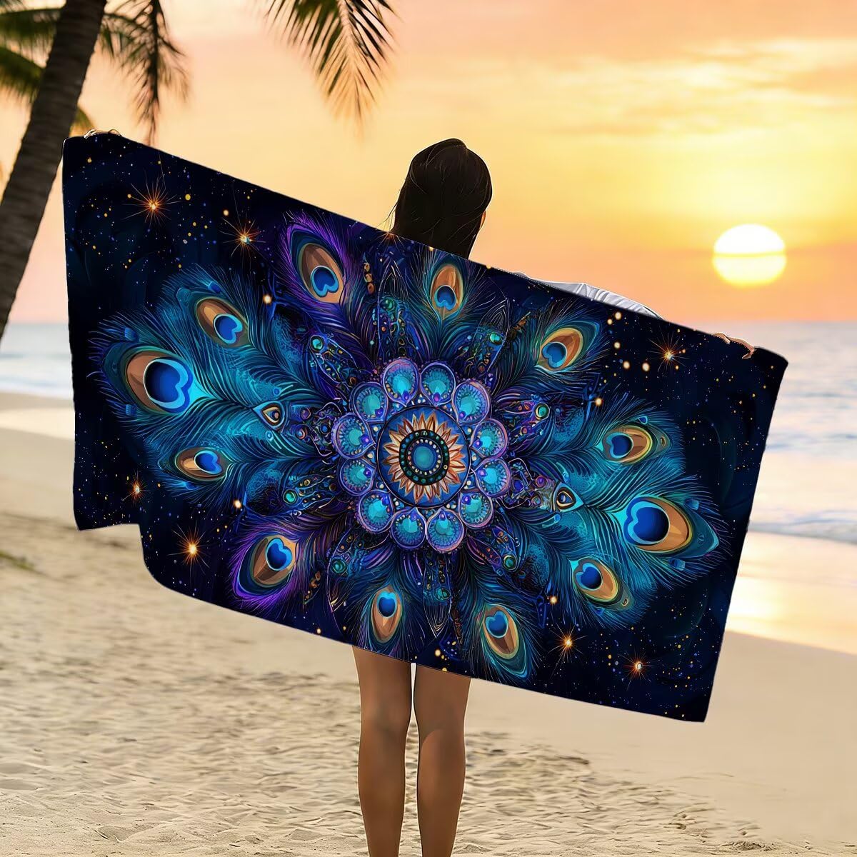 Ręcznik plażowy z mikrofibry, duży ręcznik kąpielowy 90 x 200 cm, zestaw 2 szt. szybkoschnących prześcieradeł kąpielowych pawie, antypiaskowe ręczniki plażowe z mikrofibry na letnie podróże, prezent