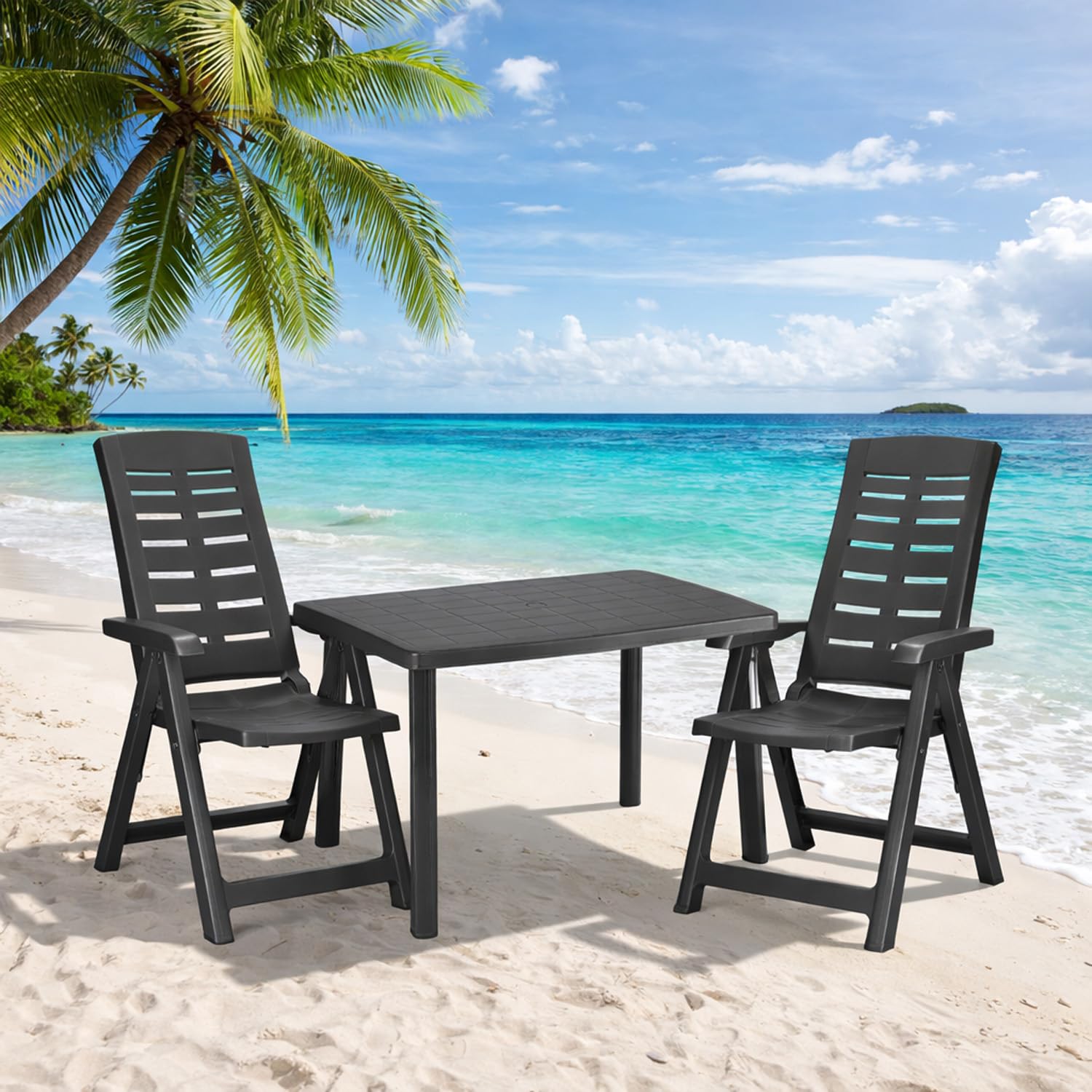Mojawo 3-teilig Outdoormöbel Gartengarnitur Campingmöbel Gartentisch Kunststoff 100x70cm H72cm + 2 Klappstühle 5 Positionen Anthrazit