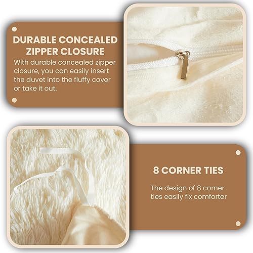 Miniatura 6 de MEGO Juego de funda de edredón de piel sintética peluda de lujo, ultrasuave de 3 piezas, juego de ropa de cama mullida tamaño King, juego de funda