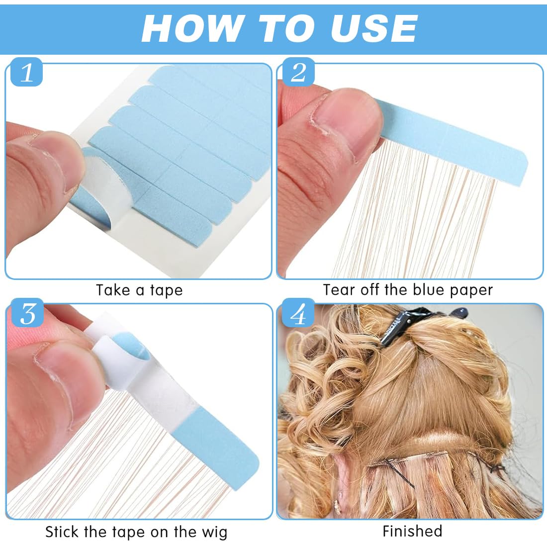 Cinta Adhesiva para el Cabello(120 Piezas), Cinta para Extensiones de Cabello, Cinta Adhesiva de Extensión de Pelo, Cinta de Repuesto para Extensiones y tramas de Cabello,Azul