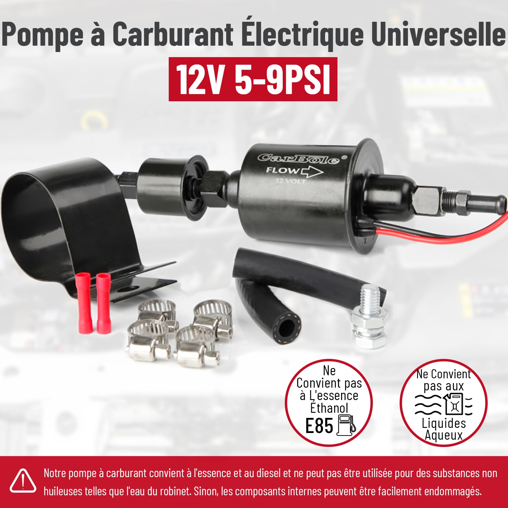 Carbole Pompe à Carburant Électrique Universelle 12V, 5-9 PSI | Pompe à Essence avec Filtre à Carburant, Pour Essence et Diesel, Cuivre Pur, Carte de Circuit Haut de Gamme, Noir