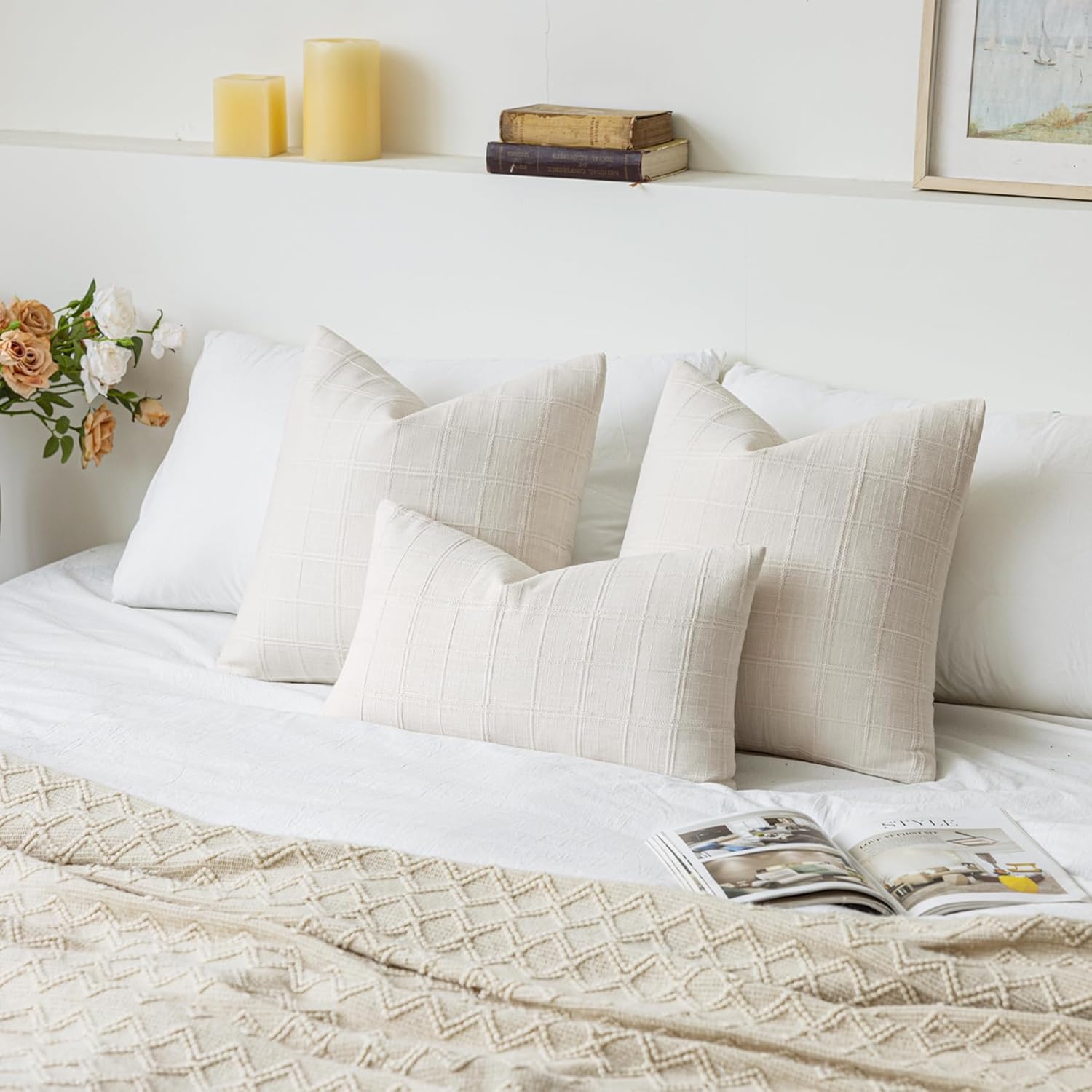 Decorative Linen Check Throw Pillow Covers Set of 2, 18"x18" White Neutral Cushion Covers, Farmhouse Vintage Modern Boho Home Decor for Sofa Chair Couch Bedroom - Image 4