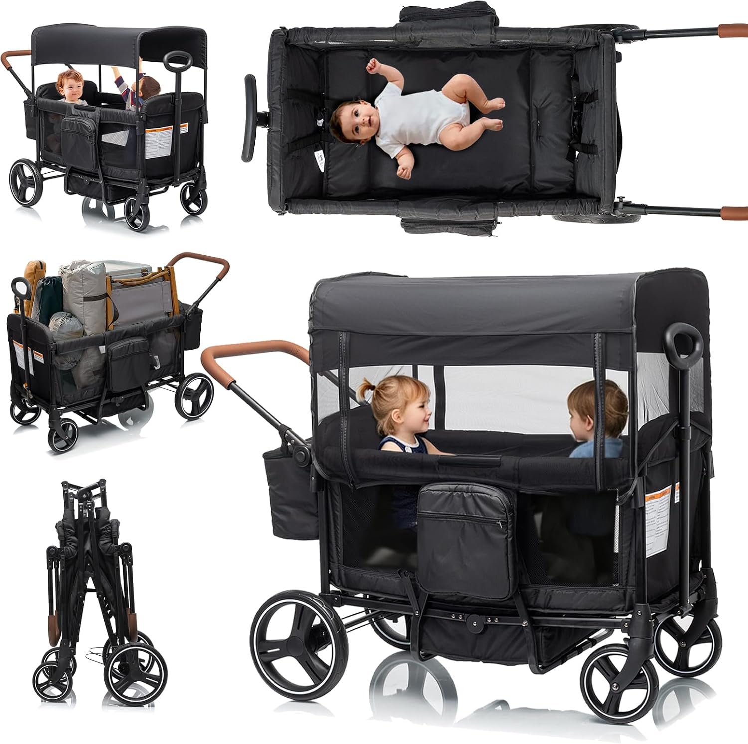 Wagon Stroller for 2 Kids,Folding Push Pull Wagon with UPF 50+ Adjustable Canopy &Mosquito Net,5-Point Harness & All-Terrain Wheels,Large Storage & Snack Tray for Baby Toddler Park Beach Travel