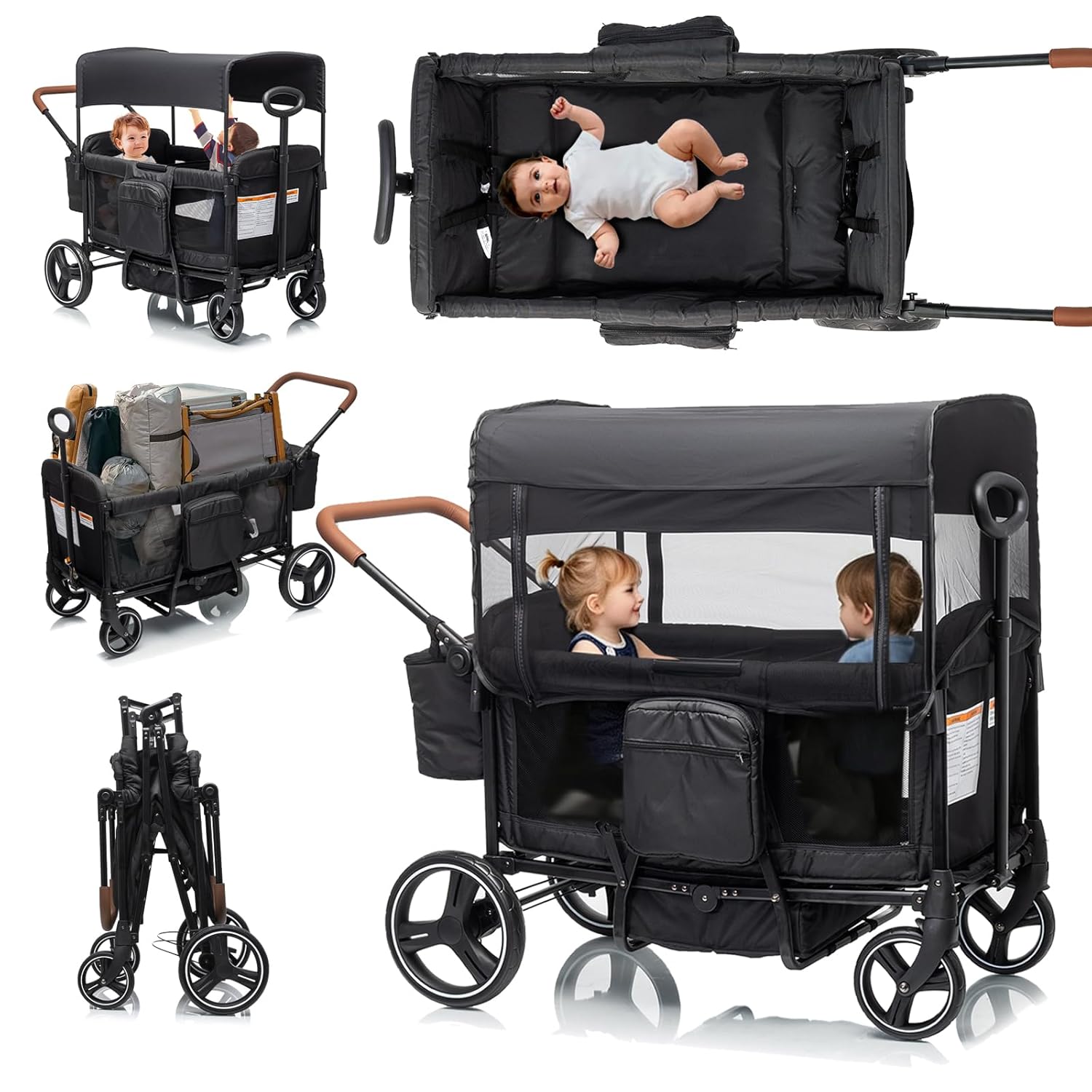 Wagon Stroller for 2 Kids,Folding Push Pull Wagon with UPF 50+ Adjustable Canopy &Mosquito Net,5-Point Harness & All-Terrain Wheels,Large Storage & Snack Tray for Baby Toddler Park Beach Travel