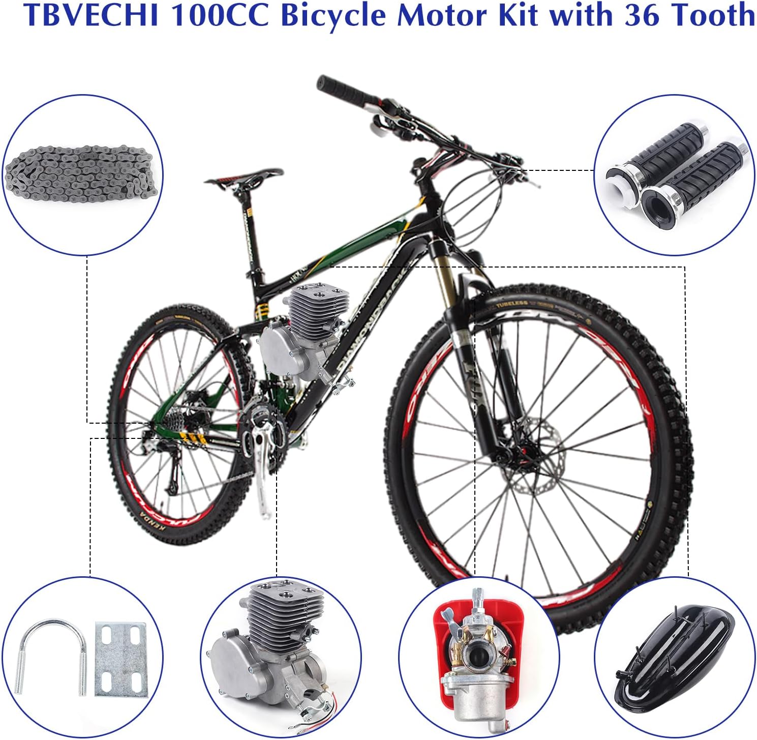 TBVECHI 100CC Bike Motor Kit, Full Set Upgraded 2 Stroke Gas Motor Bicycle Engine Kit with Tooth Sprocket Air-Cooling Motorized Bike