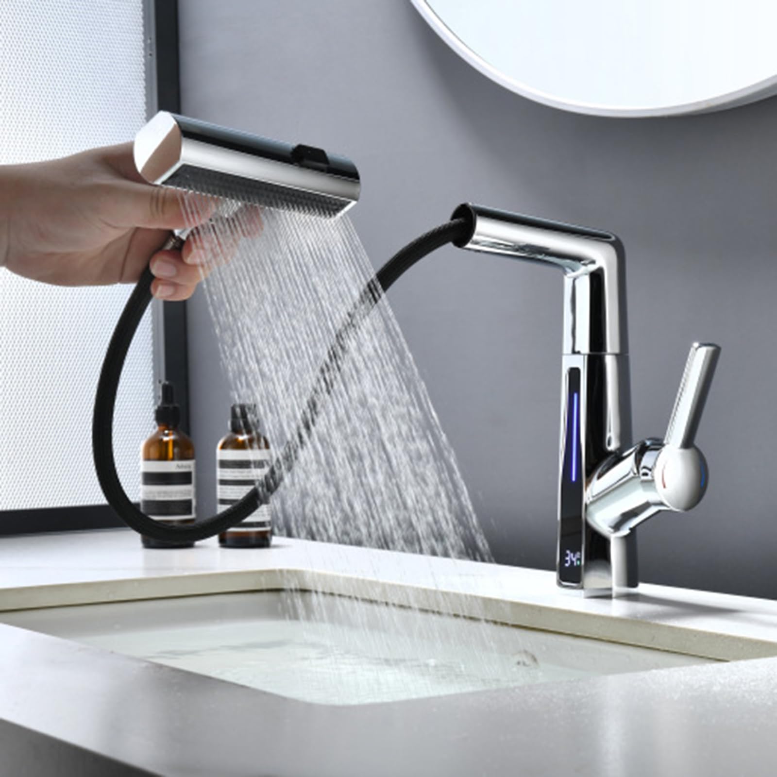 Generico Rubinetto da Bagno Rubinetto per Lavabo con Doccetta Estraibile Cascata Miscelatore per Lavabo Girevole 360° Miscelatore per Lavabo da Bagno con Display Digitale Grigio Canna di Fucile