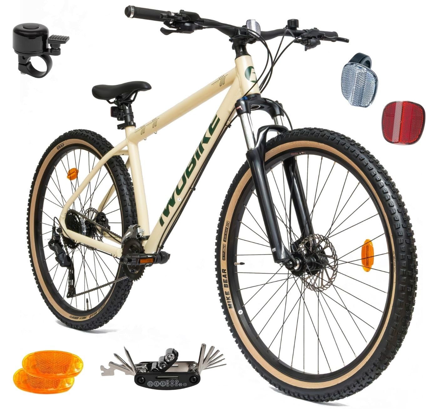 Rower Górski MTB, 29 Cali, Kremowy Mat z Zielonymi Wstawkami | Rower Górski MTB, 29 Cali, Kremowy Mat z Zielonymi Wstawkami, Męski, 18 Biegów, Rama Aluminiowa 18,5", Amortyzacja SR amortyz