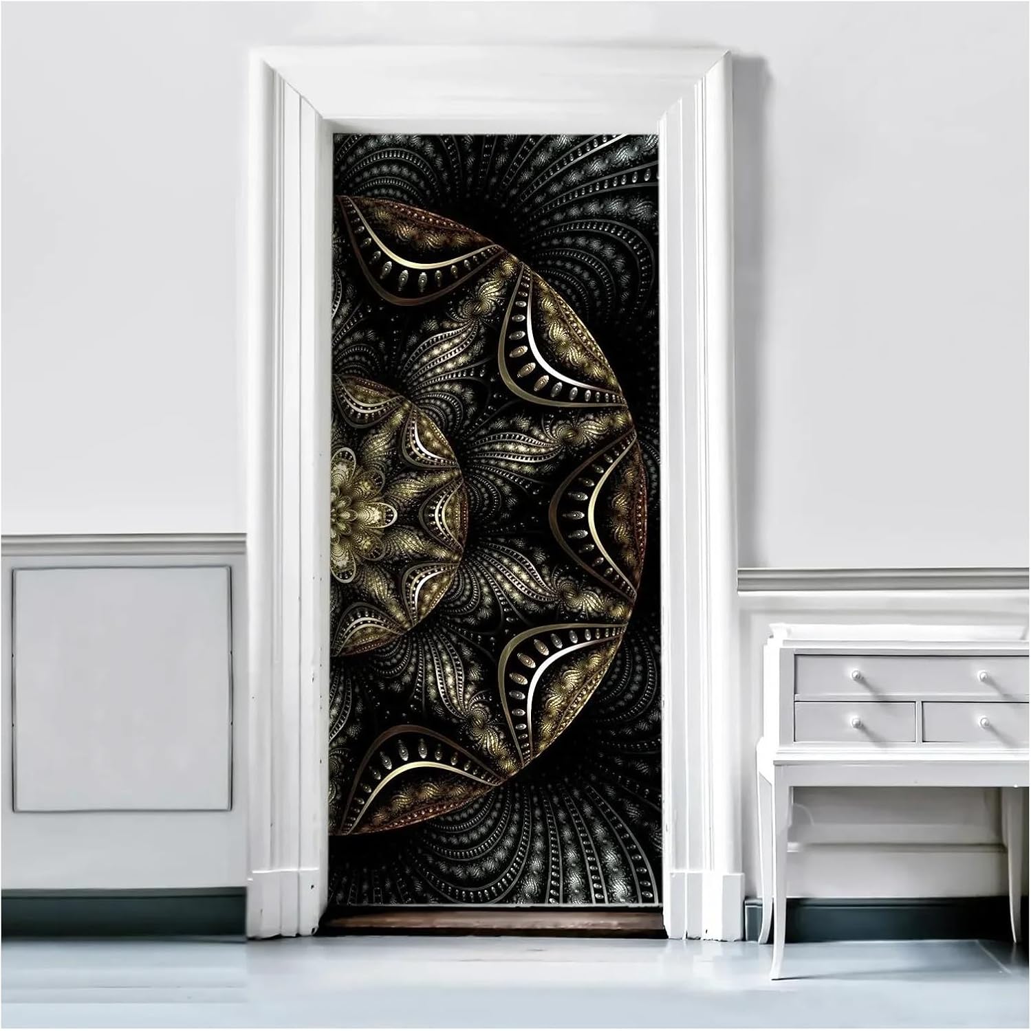 ドアデカール3D ヴィンテージ曼荼羅花ドアステッカー自由奔放に生きる花フルカバー壁紙デカール自己粘着家の装飾ポスター(H,90x20