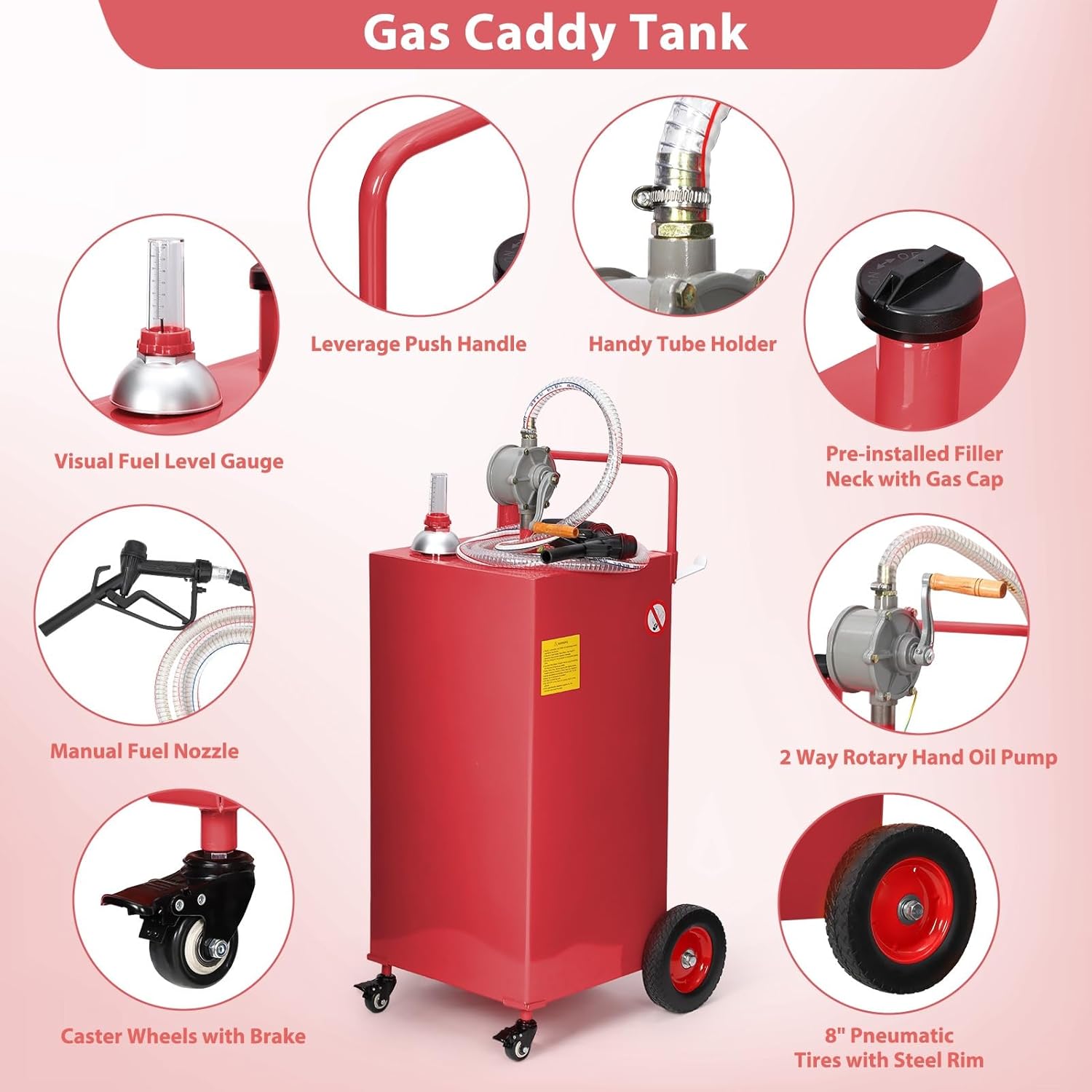 Heavy-Duty 30-Gallon Fuel Caddy Transfer Tank with Manual Pump Mobile Gas & Diesel Storage on 4 All-Terrain Wheels, Ideal for Farm, Marine, ATV, Lawn Equipment, and Automotive Use.