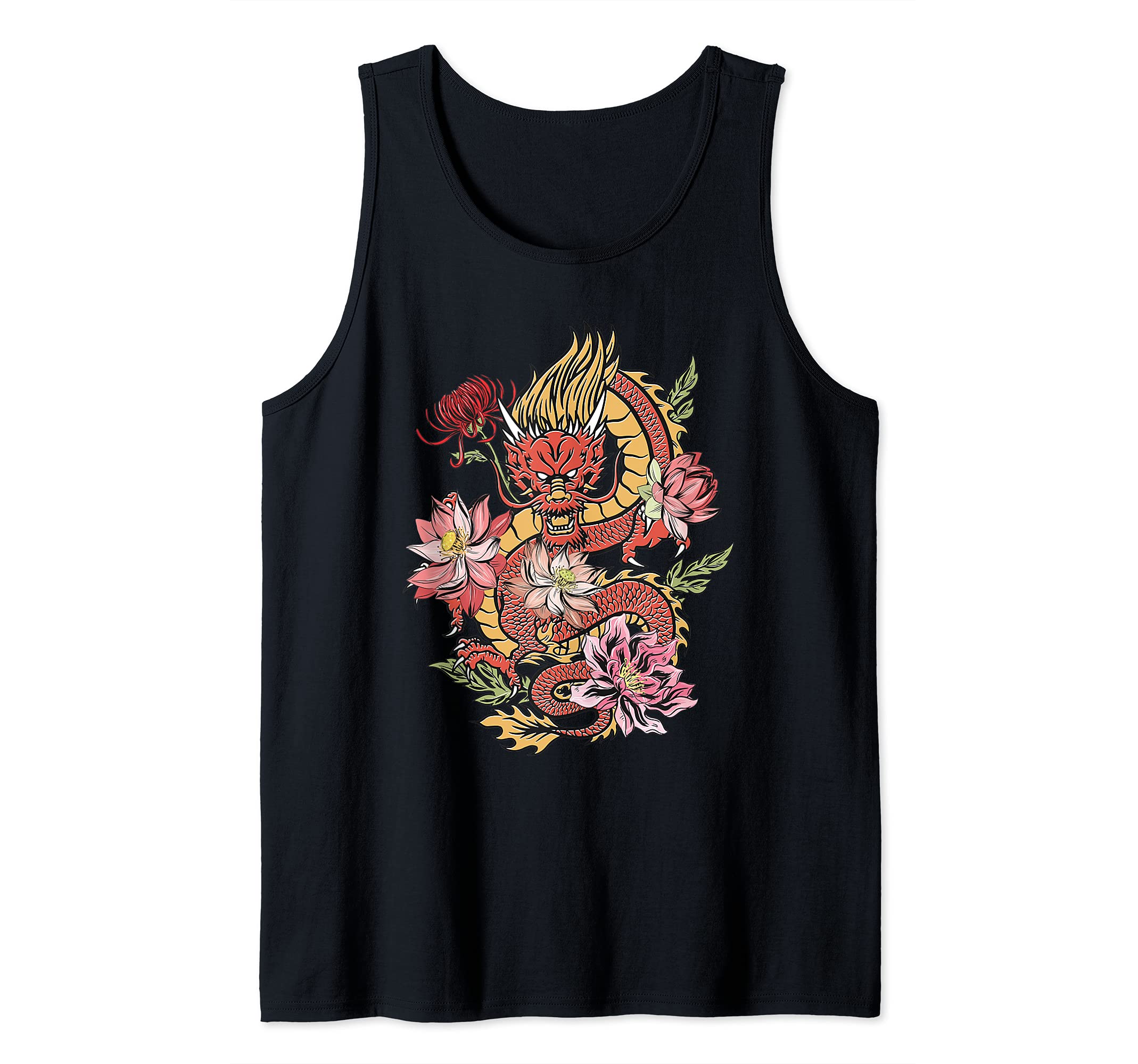 Japanese Dragon with Flowers Vintage Dragon Aesthetic Tank Top