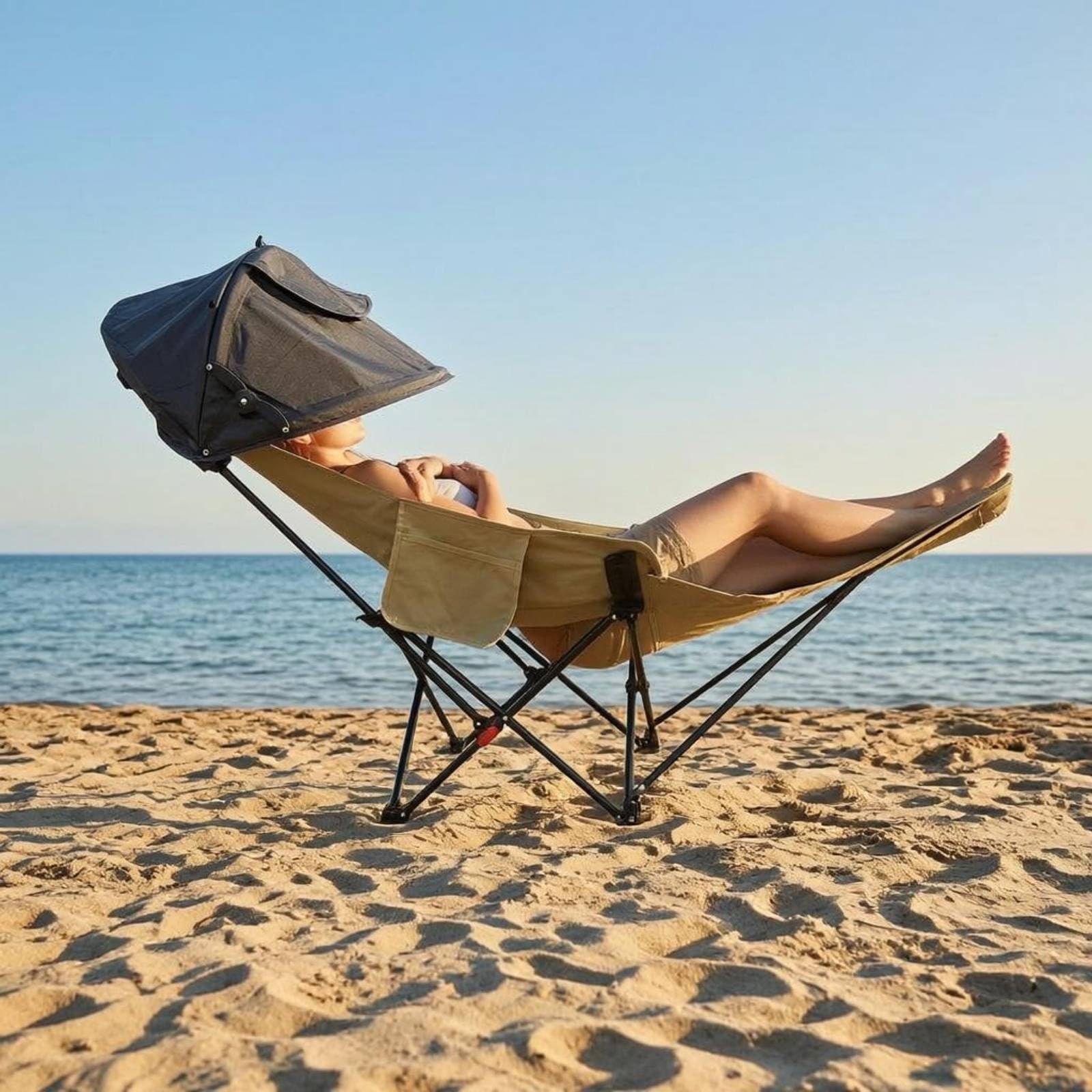 Silla de Pesca con Toldo 2 en 1 Sillón Reclinable Portátil Ergonómica para Siesta, Aire Libre, Caqui