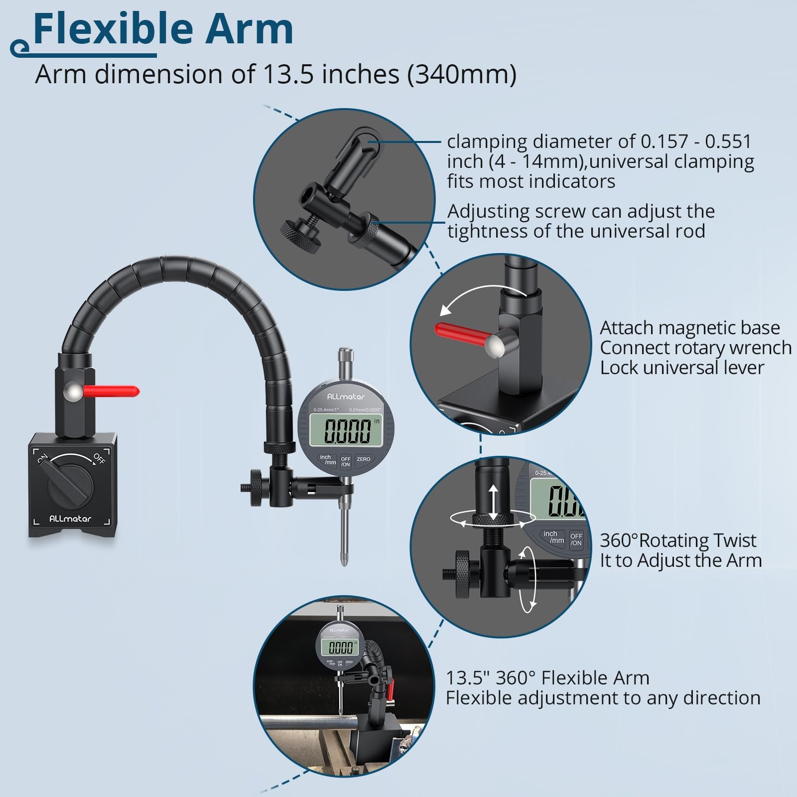 Comparateur Numérique pour Disques de frein et Rotules, Indicateurs à cadran Précision Plage 0-25.4 mm Résolution 0.01mm support flexible 360° avec Base magnétique Rallye 80 kg
