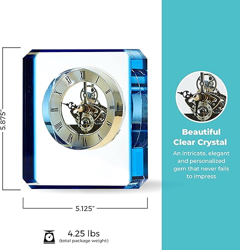 Miniatura 2 de Baudville Trofeo de reloj grabado, cristal transparente con acento azul, pieza de tiempo de inserción de plata, tres líneas personalizadas y