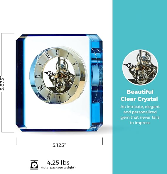 Baudville Engraved Clock Trophy-Clear Crystal with Blue Accent-Silver Inset Time Piece-Personalized Three Lines and Pre-Written Verse Selection-Employee Appreciation Gift Award for Employees