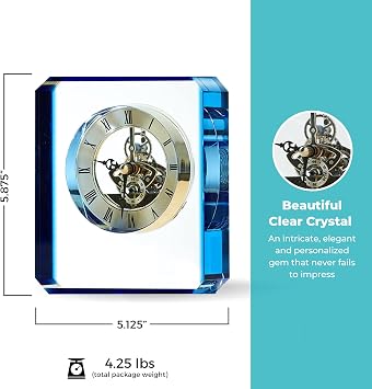 Baudville Engraved Clock Trophy-Clear Crystal with Blue Accent-Silver Inset Time Piece-Personalized Three Lines and Pre-Written Verse Selection-Employee Appreciation Gift Award for Employees