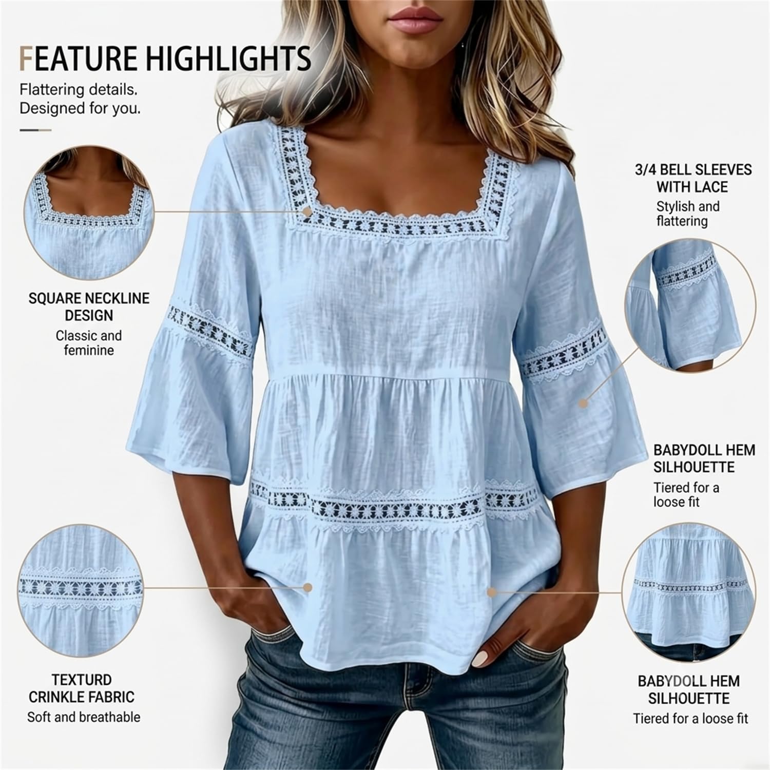 Blusa Lisa de Manga Tres Cuartos con Cuello Cuadrado y Ribete de Encaje de | Blusa bohemia de lino para mujer, blusa babydoll peplum con encaje y mangas tres cuartos