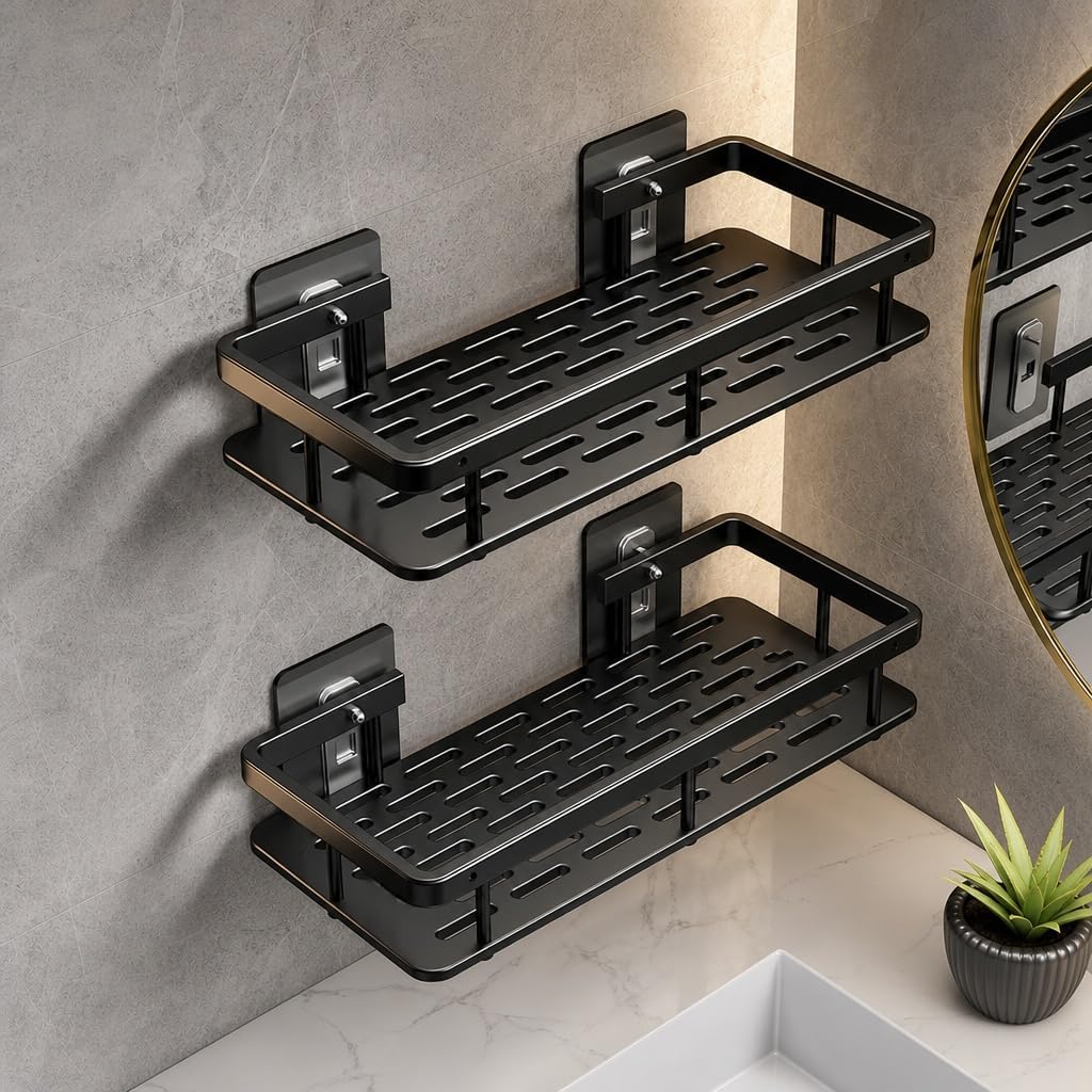 2Pcs Punch-Free Metal Bathroom Rack, Thickened Easy Install Large Capacity with 4 Fooks,Shower Toilet Vanity, Black, 2pcs