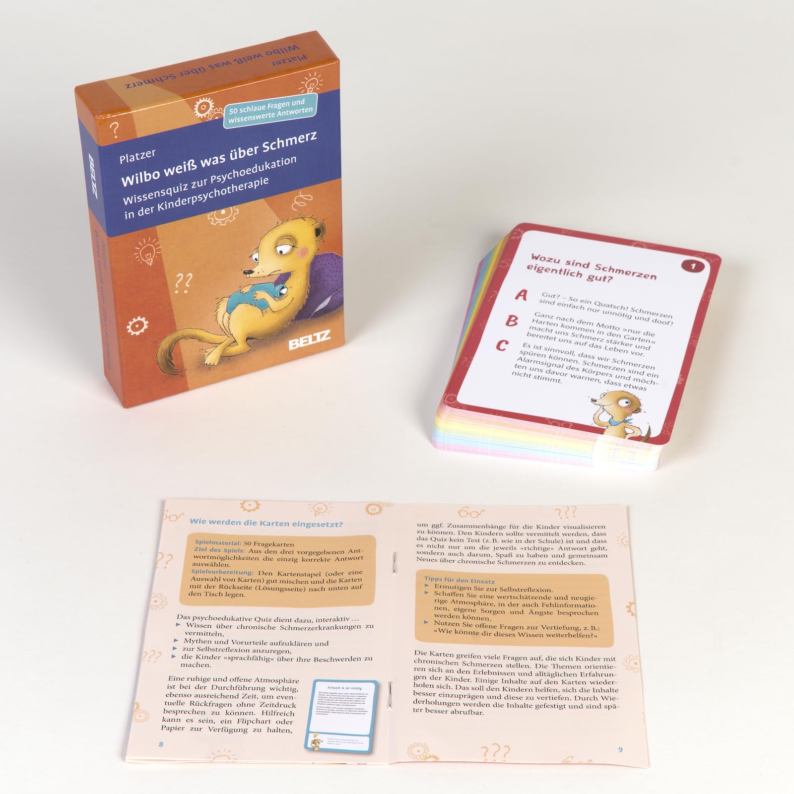 Wilbo weiß was über Schmerz: Wissensquiz zur Psychoedukation in der Kinderpsychotherapie. 50 Fragen und wissenswerte Antworten. Mit 16-seitigem Booklet in stabiler Box, Kartenformat 9,8 x 14,3 cm