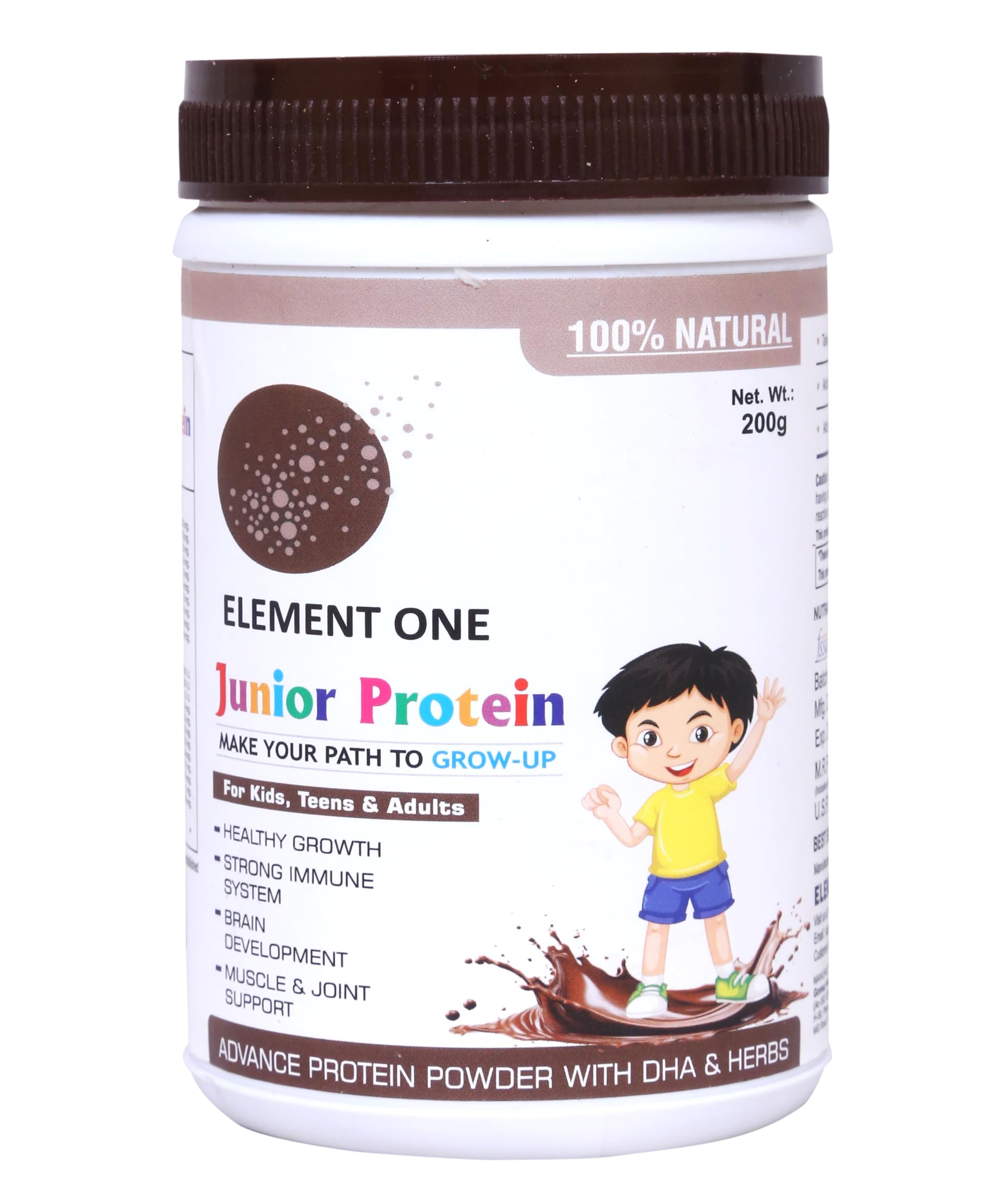 Element one Junior Protein Powder With Vitamin Minerala Herbs Like Ashwagandha Babool Giloy Nirgundi Ginger Ginko Biloba Spirulina for Kids Childrens Chocolate Flavour Pack of 1
