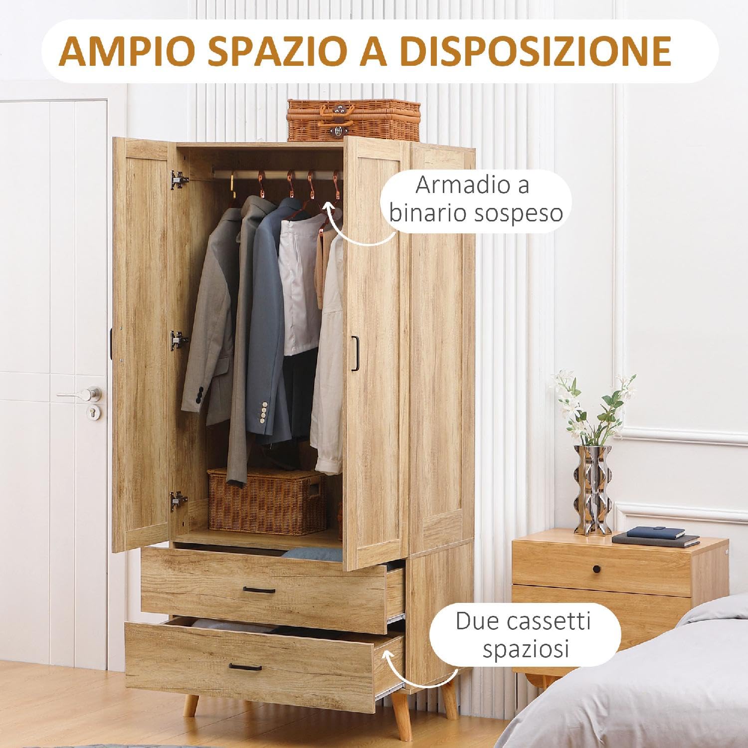 Armadio Camera da Letto Guardaroba 2 Ante Battenti e 2 Cassetti con Asta Appendiabiti 80x54x180 cm Legno