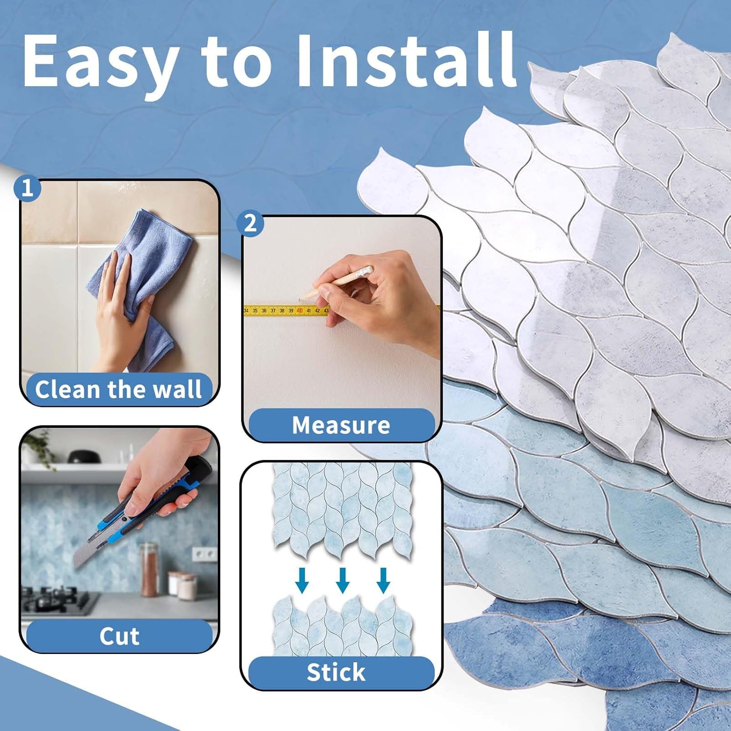 Tilingview 10-Sheet Peel and Stick Backsplash Tile for Kitchen, Self-Adhesive Mosaic Glossy Leaf Stick on Wall Tile with Gaps (Pastel Blue)