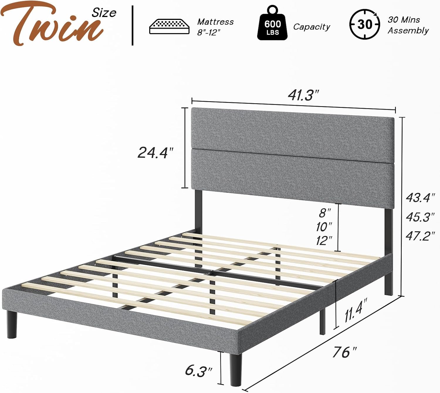 HOWE Twin Size Bed Frame Upholstered Platform Bed with Adjustable Headboard, Sturdy Bedframe Linen Fabric/Easy Assembly/No Box Spring Needed/Noise-Free/Light Grey