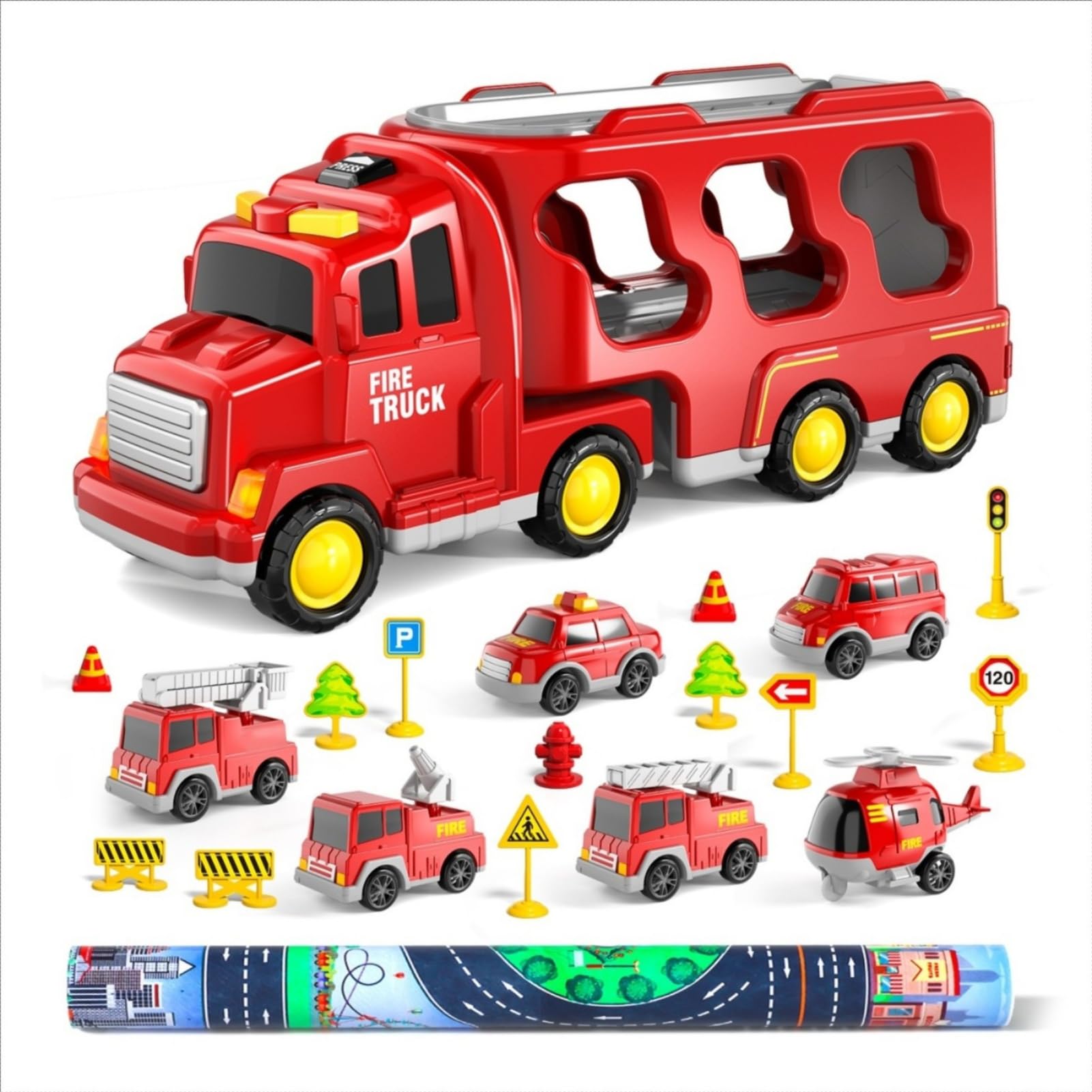 Bennol Toddler Toys for 1 2 3 4 5 6 Years Old Boys, 7 in 1 Fire Car Trucks Playset with Play Mat & Accesoories, Birthday Gifts for Toddlers Kids Boys Girls Age 1-3 3-5