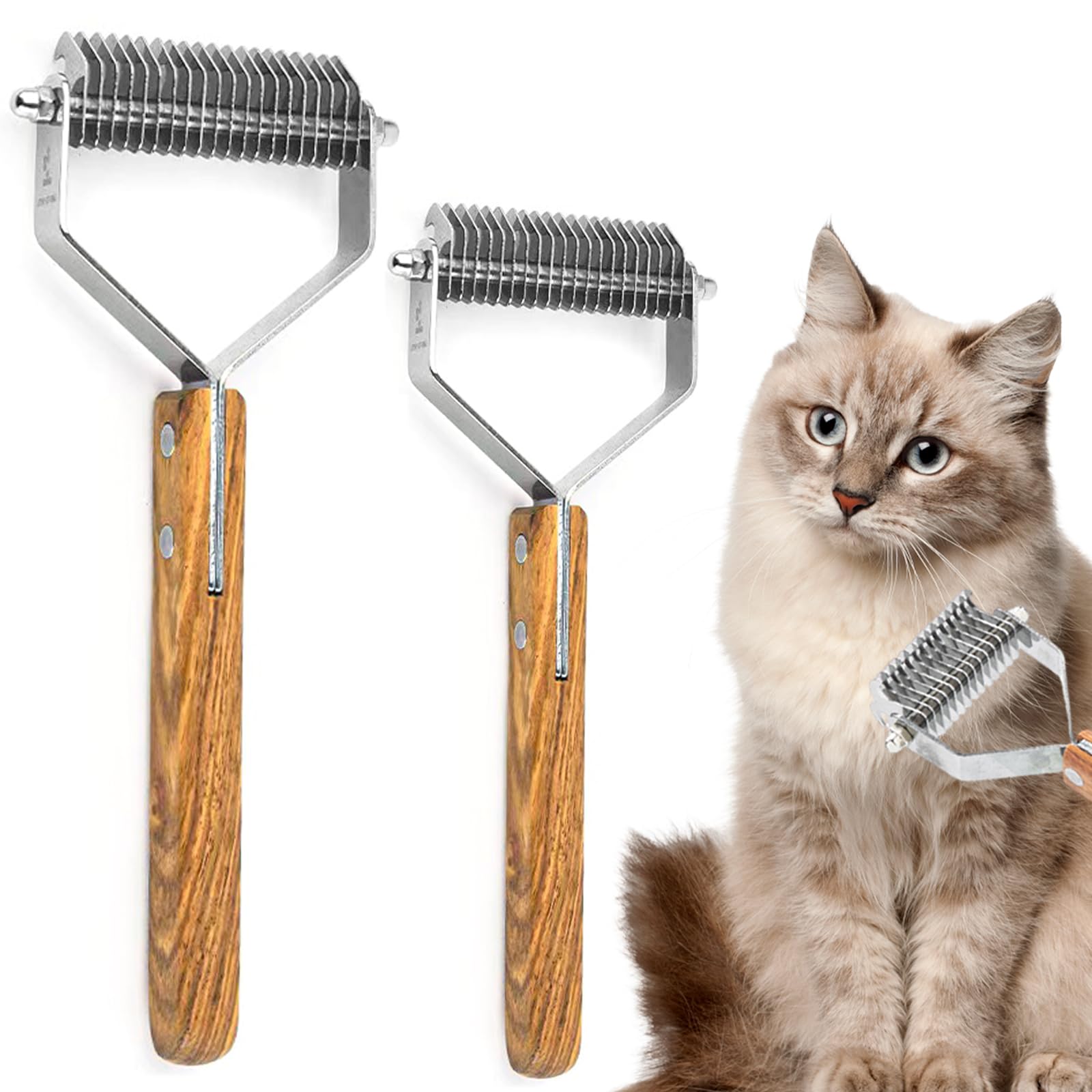 2 PCS Pet Undercoat Rake Professional Stripping Tools Dog Dematting Comb pet Grooming Tool Double Sided Teeth Undercoat Rake with Wooden Handle Reduce Shedding by 95% for Cat Dog