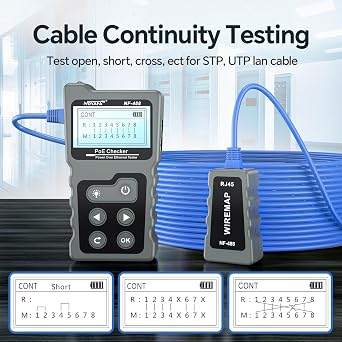 NOYAFA-NF-488 PoE Tester Inline Tester Power Over Ethernet Voltage Current Tester Test for POE Testing, Network Cable Continuity Checking, DC Power & Switch Loop-Back Test PoE Detector
