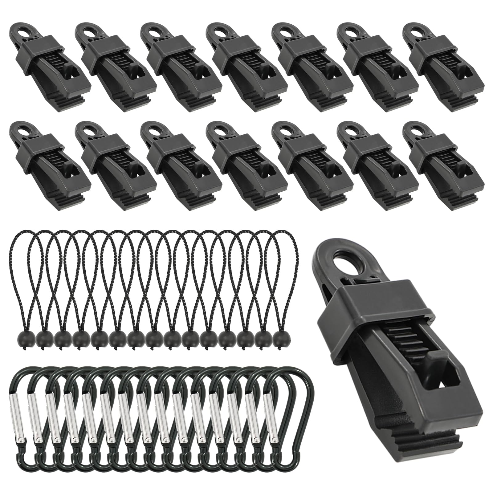 Anmahe Black 15Pcs Tarp Clips Set,Heavy Duty Tarpaulin Clips,Ball Bungee Cords,Buckles,For Fixing Tarps,Awnings,Tarpaulin,Camping,Caravan Canopies,Tents,Outdoor Use