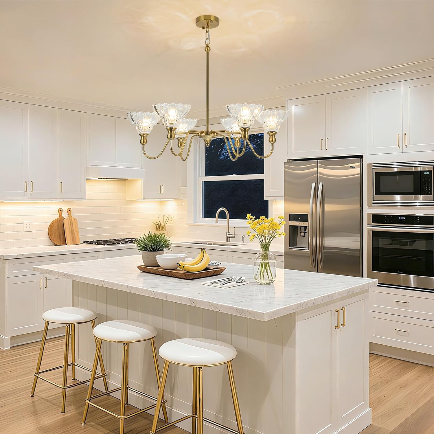 Vintage Chandelier Light, 6-Light Brass Pendant Lights Kitchen Island Lighting with Flower Glass Shade, Ceiling Hanging Light Farmhouse Chandeliers for Dining Room