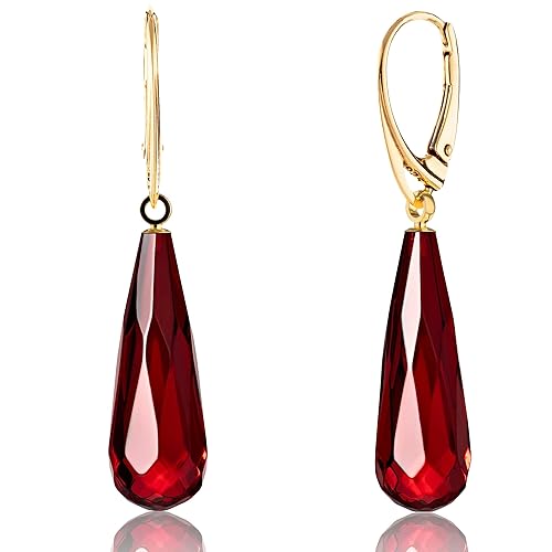 Amber Earrings for Women - Statement Gemstone Jewelry, Gold Plated Sterling Silver Leverback, Dangle Semi Precious Stone Ladies Earrings, Elegant Gift for Her - Red Gold