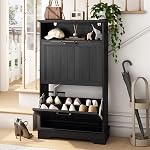 Shoe Storage Cabinet with 2 Flip Drawers, 24" W Farmhouse Modern Hidden Shoes Rack with Adjustable Shelves & Open Storage, Narrow Slim Shoe Organizer for Front Door Entrance, Entryway, Navy Blue