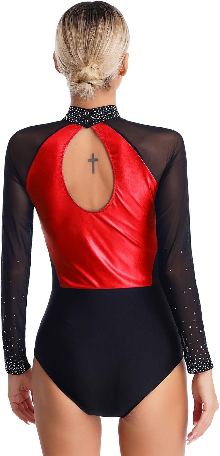 Womens Rhinestones Metallic Long Sleeve Leotard for Dance Gymnastic Contemporary Ballet Skating Dance Costume