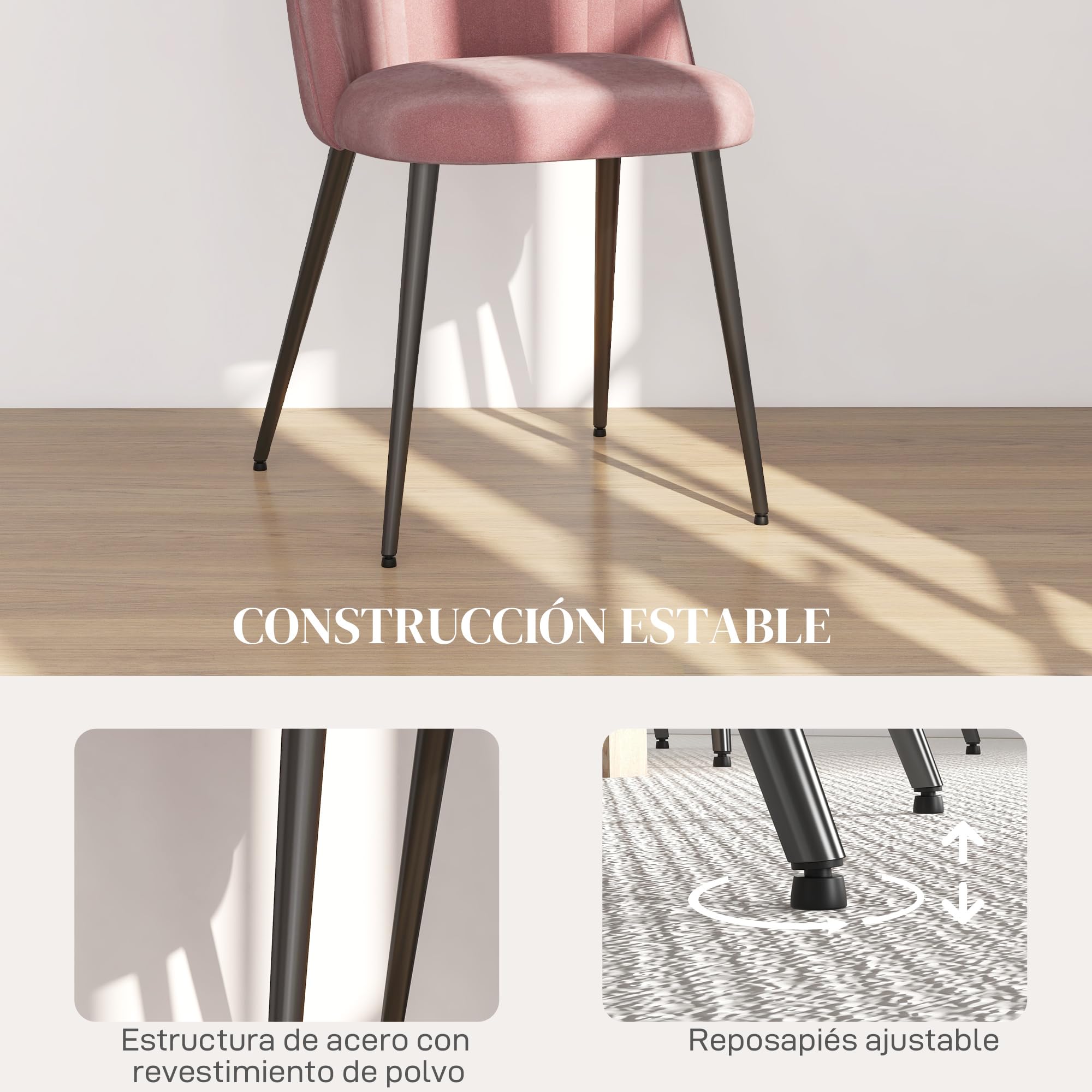 HOMCOM Pack de 4 Sillas de Comedor Modernas Sillas de Cocina Tapizada en Terciopelo con Respaldo Alto y Patas de Acero para Sala de Estar 50x52x83 cm Rosa Palo