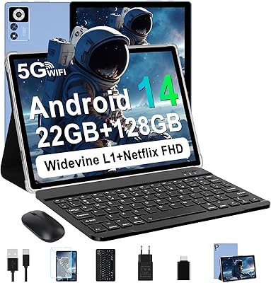 ZIOVO Tablette 14 Pouces Android 14 Tablette, 22GoRAM+128Go ROM (1To TF),Widevine L1|8000mAh| Octa-Core|2.0GHz| 5G WiFi| BT 5.0| 5+8MP, 2 en 1 Tablette Tactile avec Clavier et Souris-Bleu