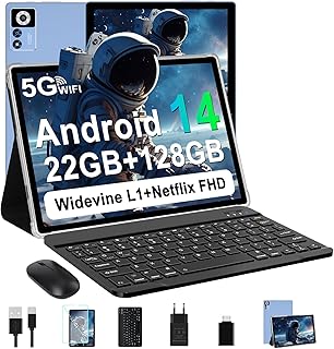 ZIOVO Tablet 14 Pulgadas Android 14 Tableta, 22GBRAM+128GB ROM (1TB TF), Widevine L1|8000mAh| Octa-Core|2.0GHz| 5G WiFi| BT 5.0| 5+8MP, 2 en 1 Tableta táctil con teclado y ratón