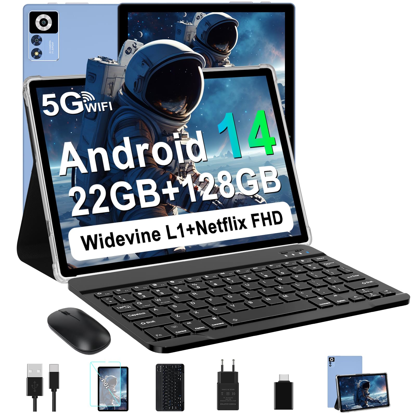 ZIOVO Tablette 14 Pouces Android 14 Tablette, 22GoRAM+128Go ROM (1To TF),Widevine L1|8000mAh| Octa-Core|2.0GHz| 5G WiFi| BT 5.0| 5+8MP, 2 en 1 Tablette Tactile avec Clavier et Souris-Bleu