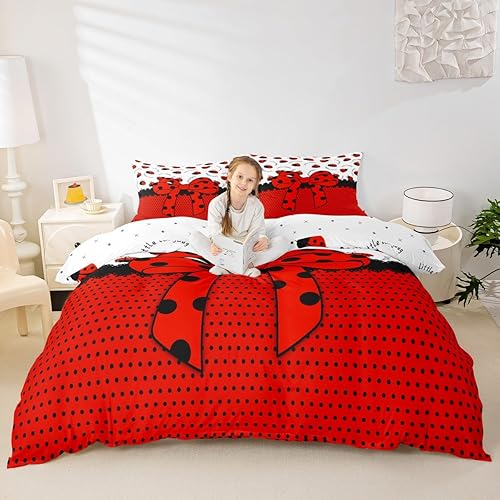 Miniatura 8 de Juego de funda de edredón con lazo, tamaño Queen, juego de ropa de cama de puntos blancos de 3 piezas para niños, adolescentes, niñas, niños,