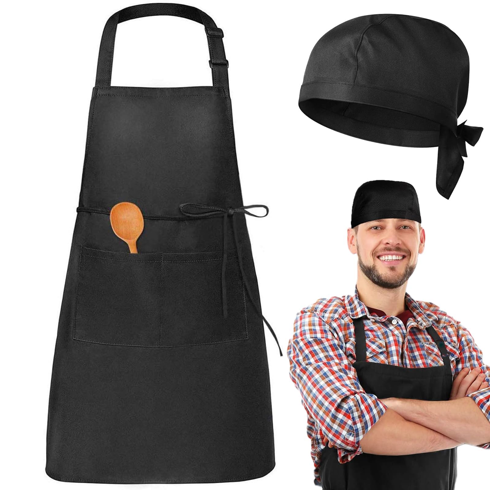 RAYRIT[1+1] Adjustable Bib Apron and Chef Hats, Unisex Cooking Kitchen Aprons with 2 Pockets, Kitchen Catering Chef Cotton Caps, Kitchen Cooking Set, Water Oil Stain Resistant Chef Aprons